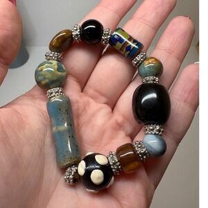 Bohemian Mixed Glass Ceramic Bead Stretch Bracelet Blue Black Brown